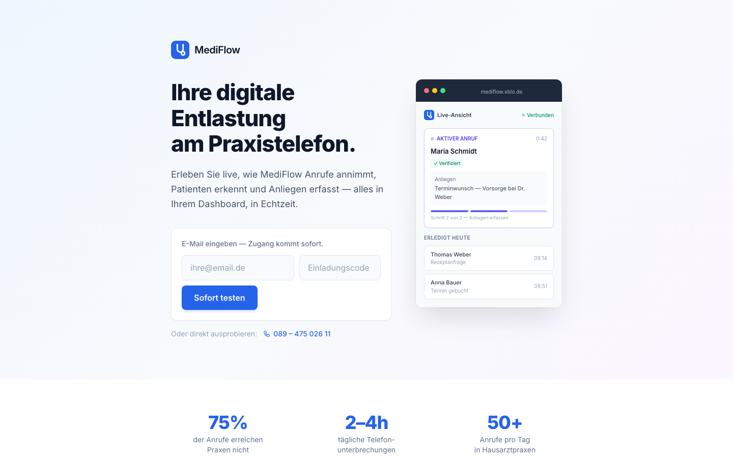 MediFlow — Live-Ansicht der Anrufverwaltung